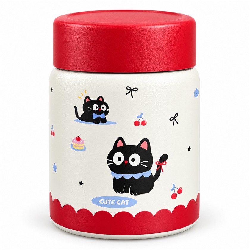 Cream thermal pot with a red lid and playful cat illustrations